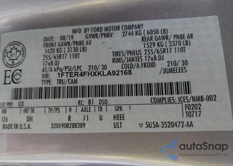 2019 Ford Ranger Lariat from USA, damaged, VIN 1FTER4FHXKLA92168